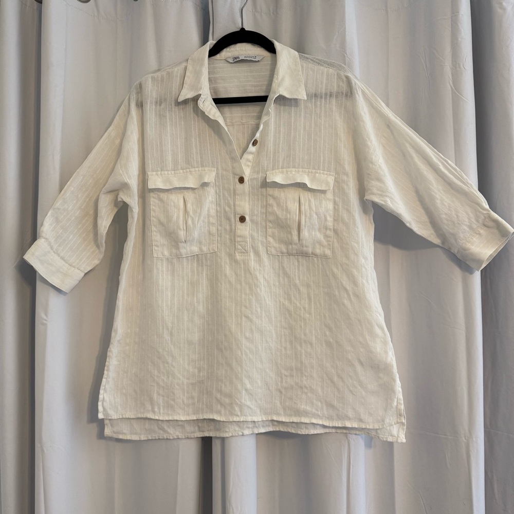 ZARA Oversized Striped Linen Blend Tunic Blouse 3/4 Sleeve Size S Cream